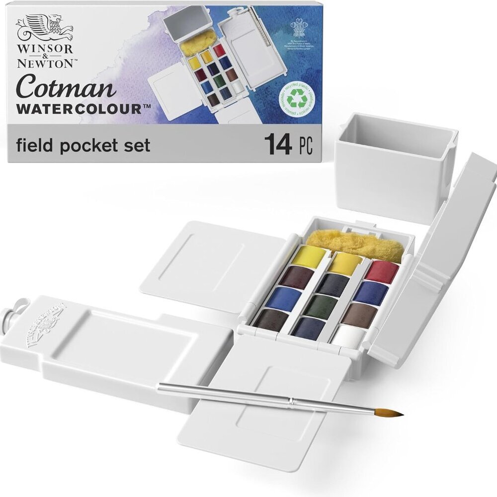 Cotman Watercolor Paint Set, Field Pocket Set, 12 Half Pan w/ Brush, Sponge, Bot